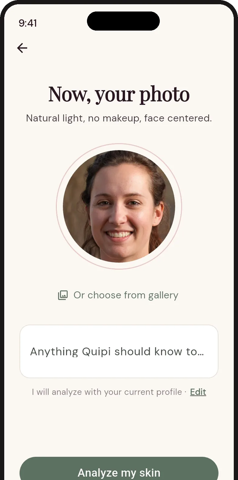 Screen for taking the photo of your face, with an optional field to tell Quipi something.