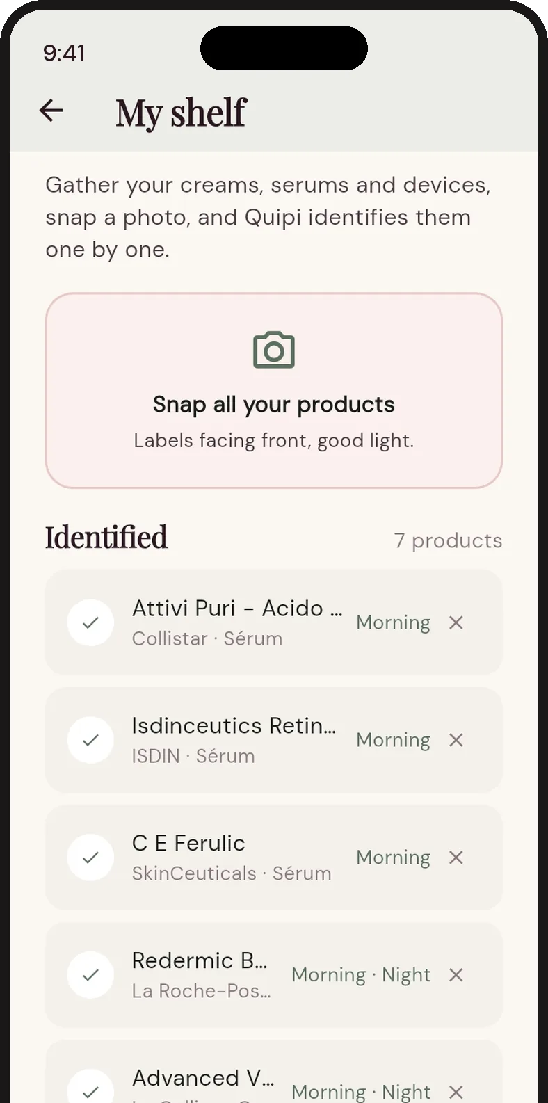 The My shelf screen with seven serums, creams and devices identified, each assigned to morning or night.