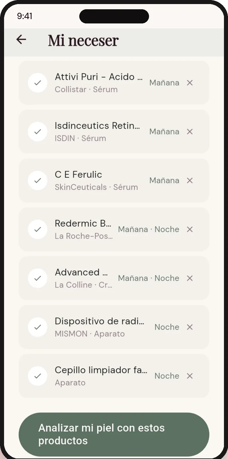 Lista Mi neceser con sérums, cremas y aparatos identificados, cada uno asignado a mañana o noche.